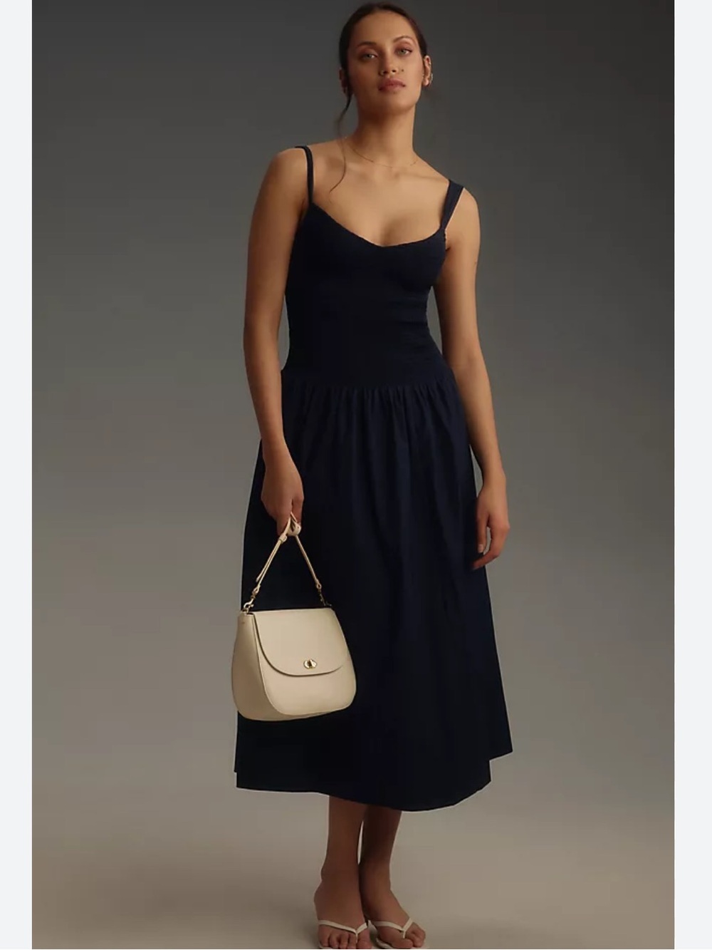 Reformation Sariah Smocked Midi Dress in Navy Blue Organic Cotton Size 10